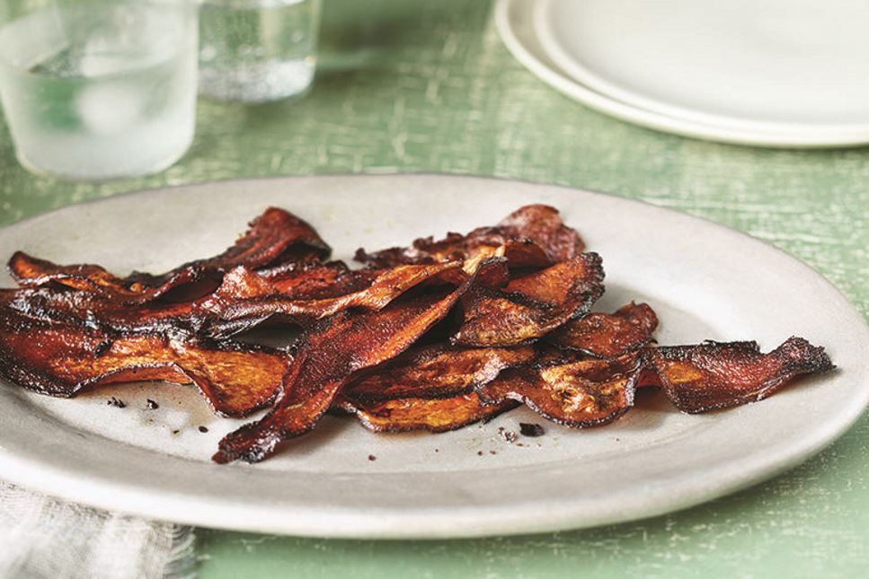Eggplant strips cooked to a bacon-like texture