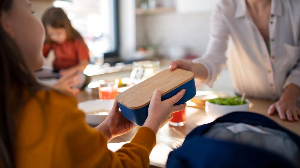 Woman handing her daughter a closed lunchbox in the morning.