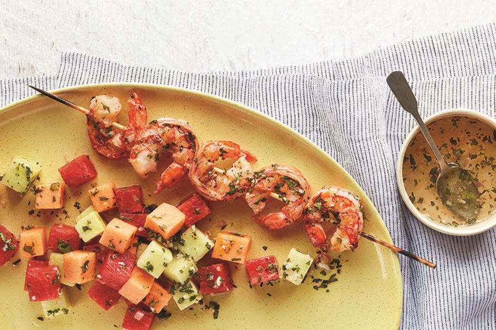 shrimp and melon salad on skewers