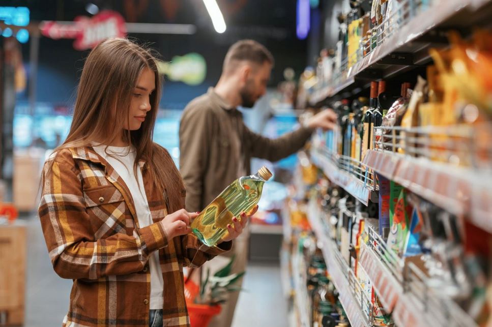Young couple at supermarket looking at nutrition fact labels on cooking oils